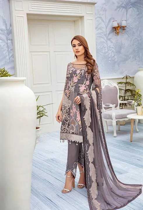 Latest embroidered chiffon outfit 2020 online in elegant grey color # P2519