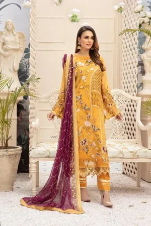 Latest embroidered Pakistani chiffon eid dress online in mustard color # E2216