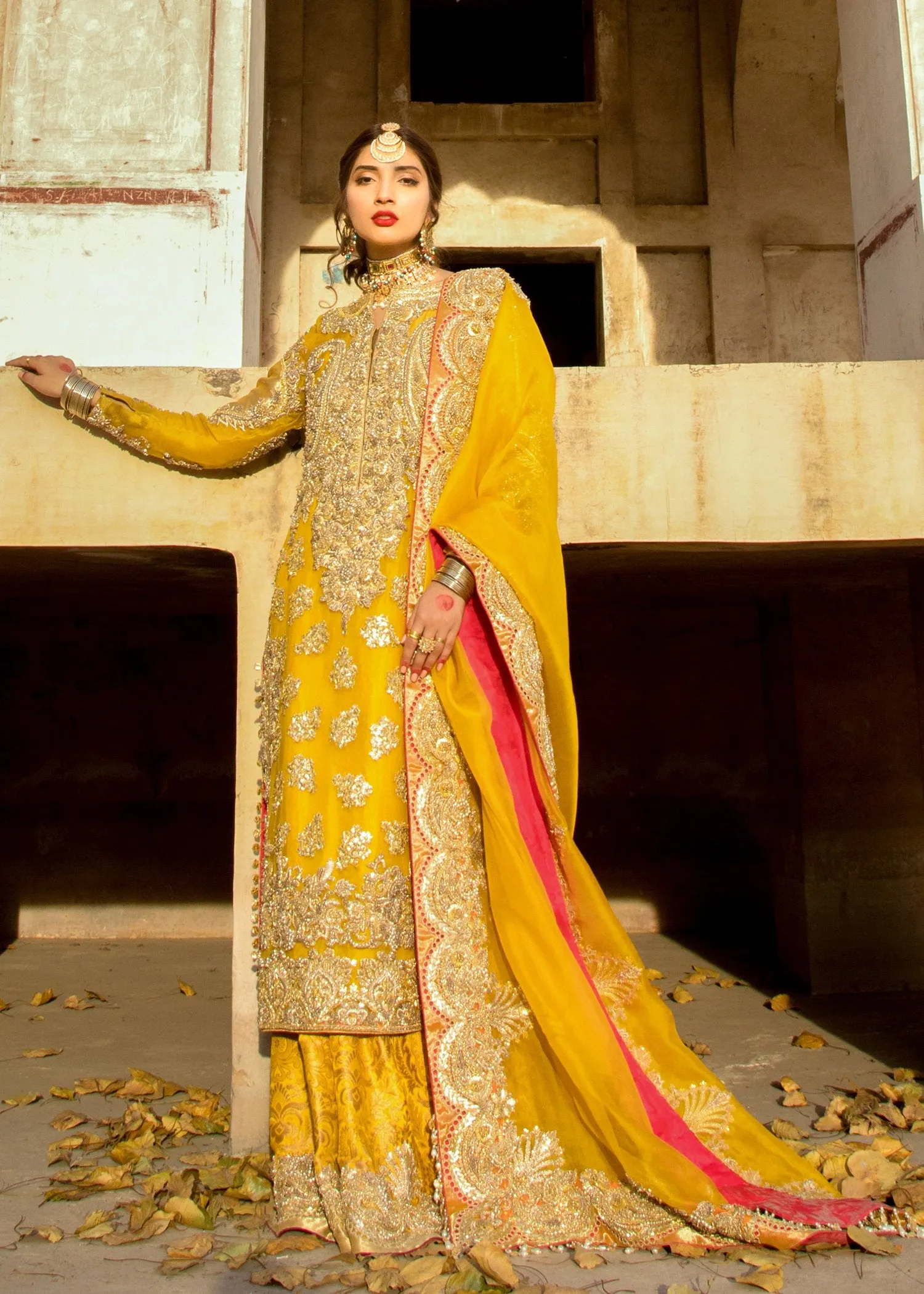 Latest Pakistani mehndi outfit for wedding wear in yellow color # B3390