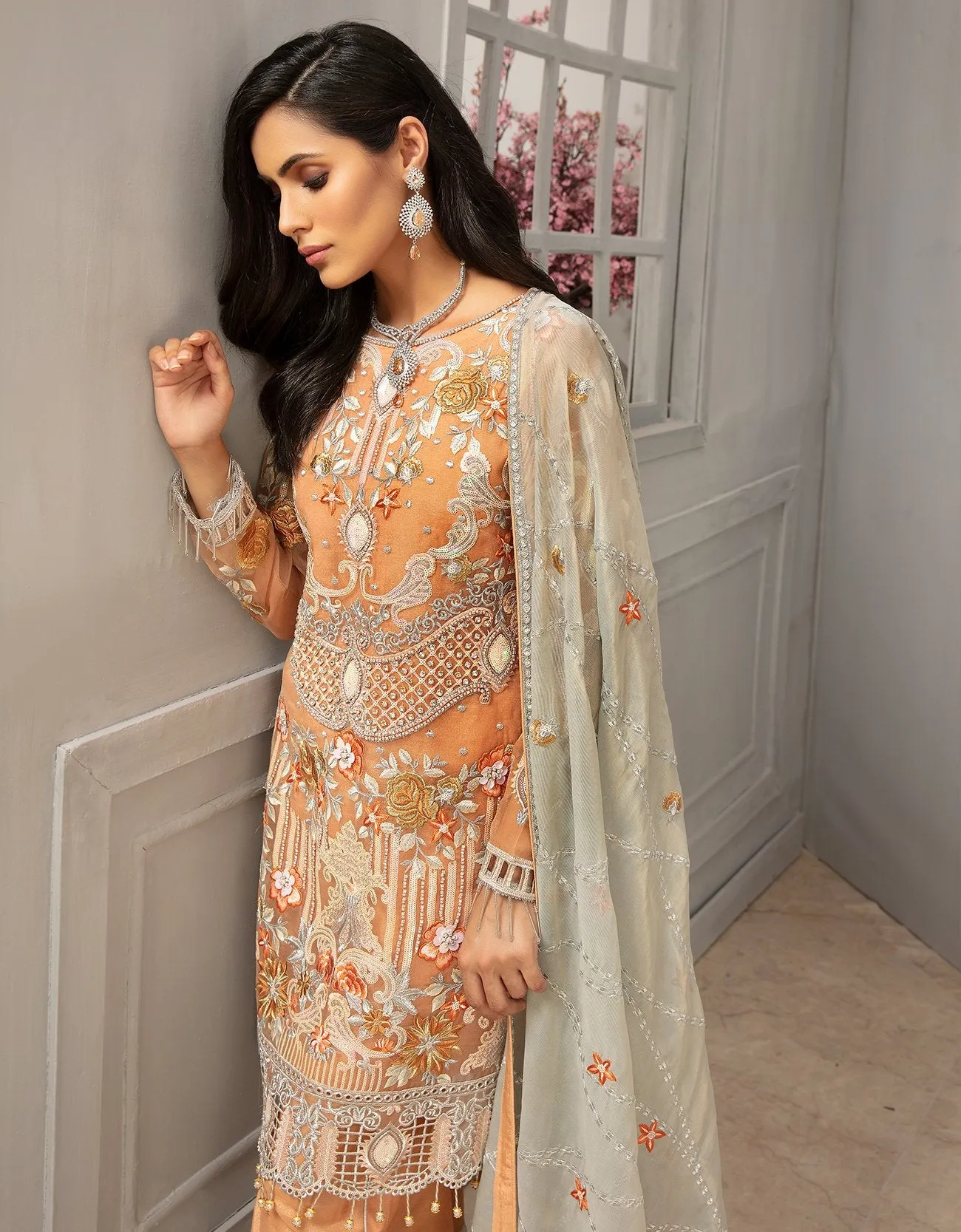 Latest Soft Peach Organza Dress From Festive Collection # C2084