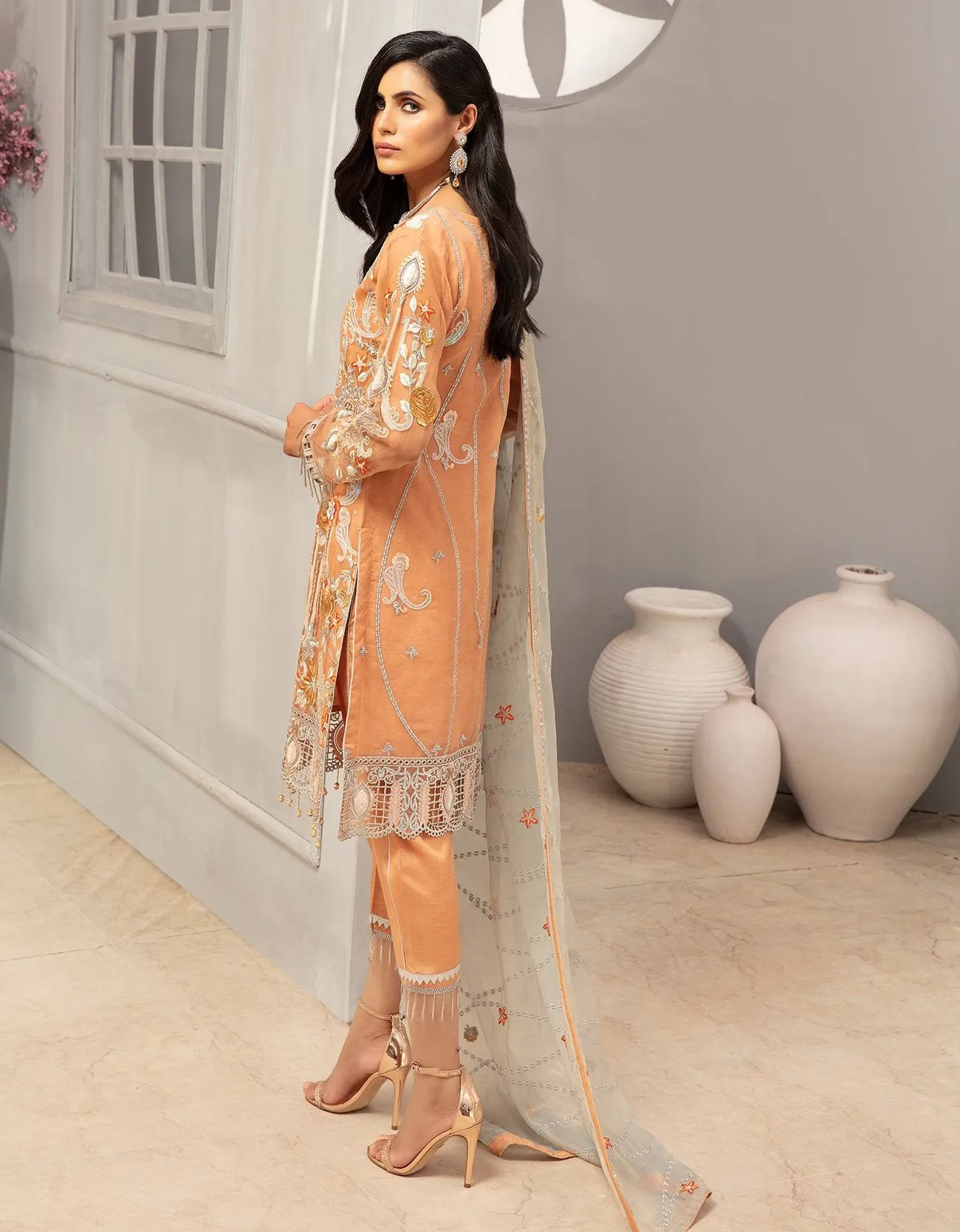 Latest Soft Peach Organza Dress From Festive Collection # C2084