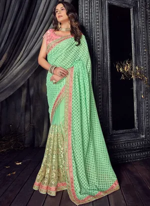 Light Green And Pink Zari Embroidered Designer Saree