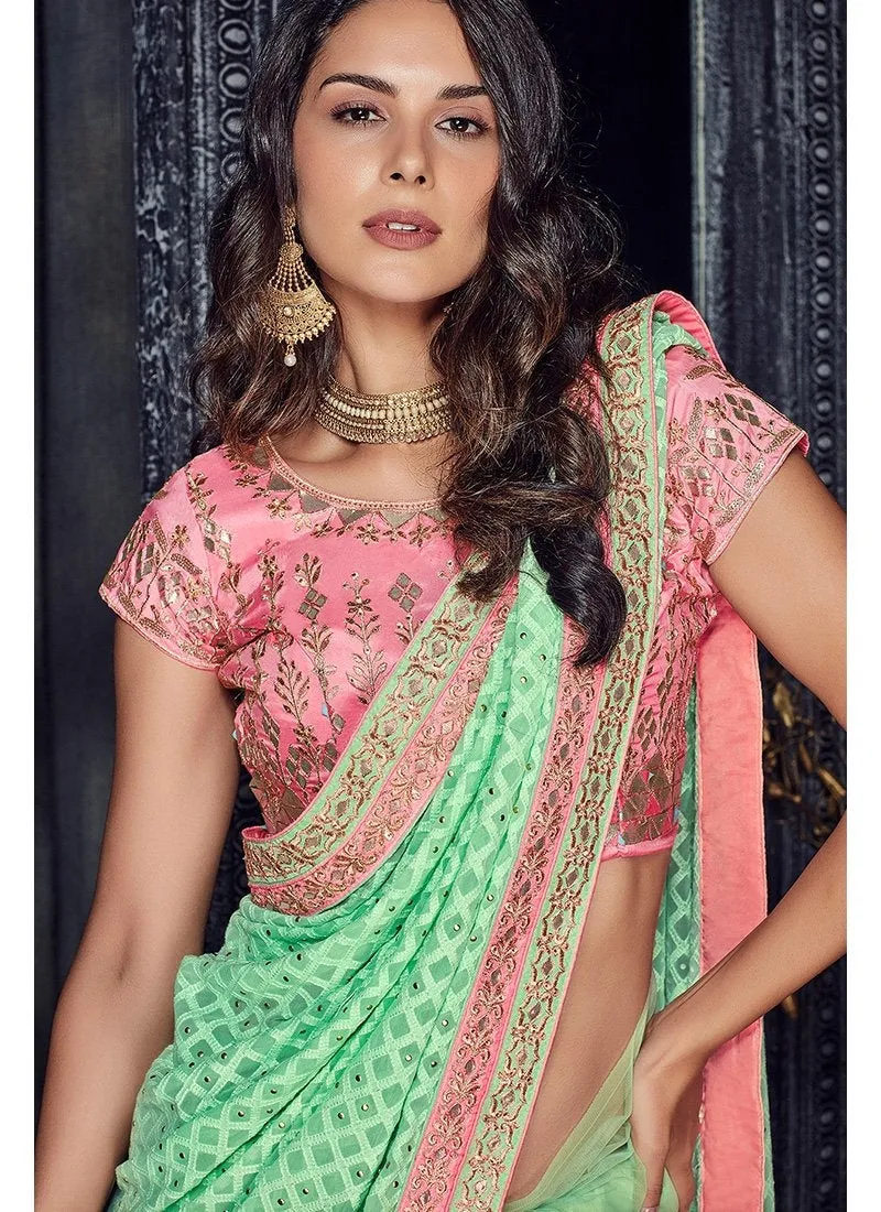 Light Green And Pink Zari Embroidered Designer Saree