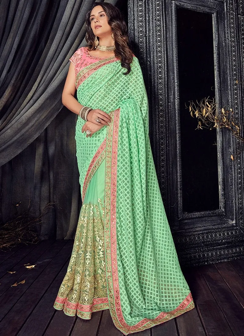 Light Green And Pink Zari Embroidered Designer Saree