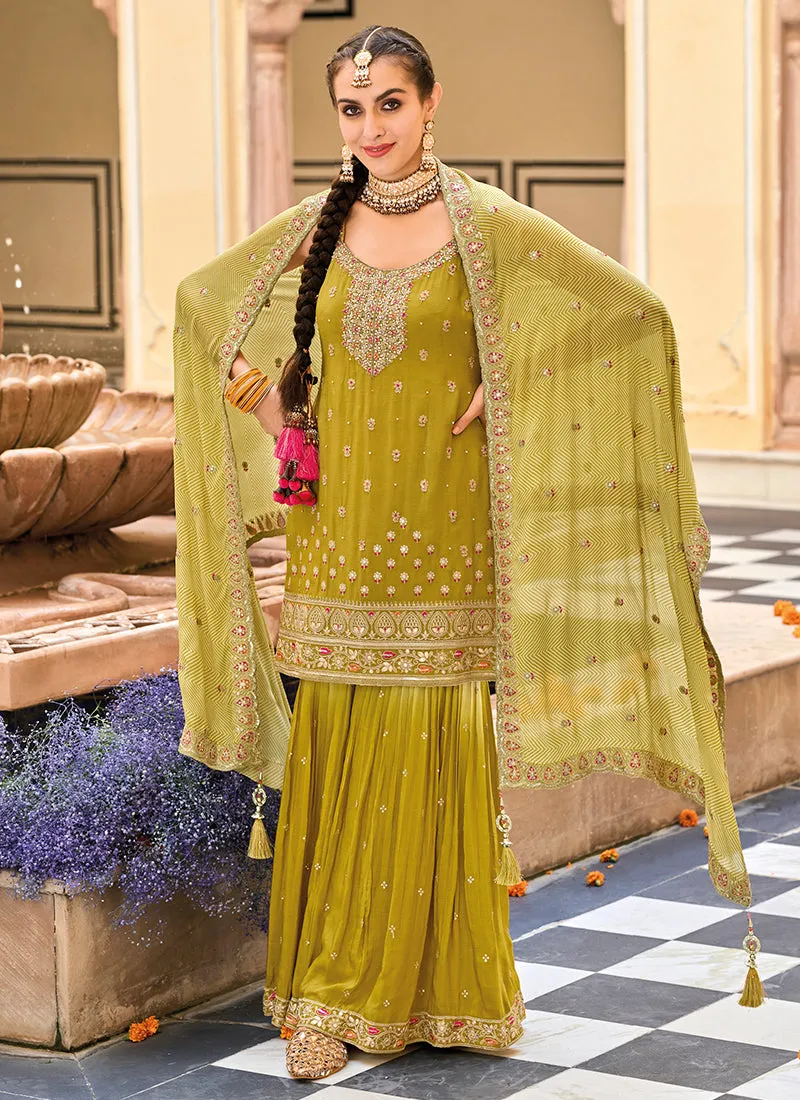 Lime Yellow Multi Embroidery Gharara Suit