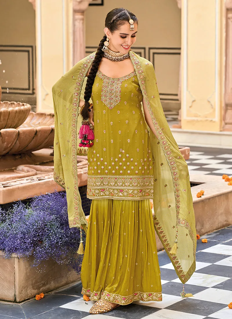 Lime Yellow Multi Embroidery Gharara Suit