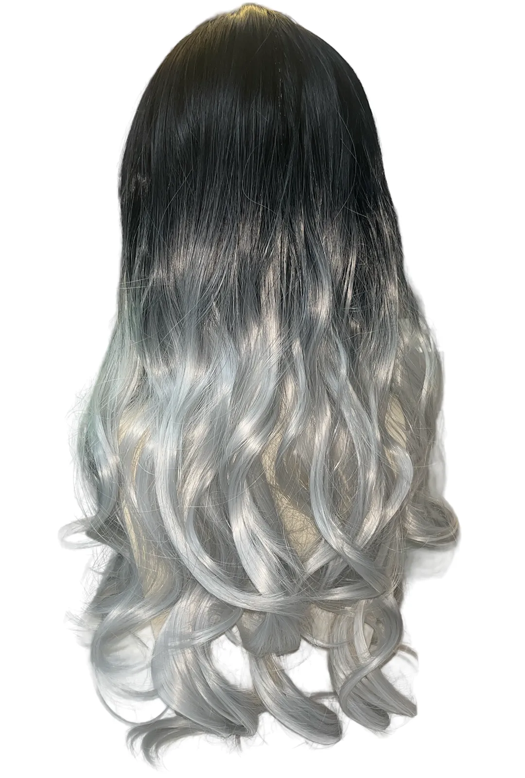 Long Curly Black to Platinum Silver Ombre Wig
