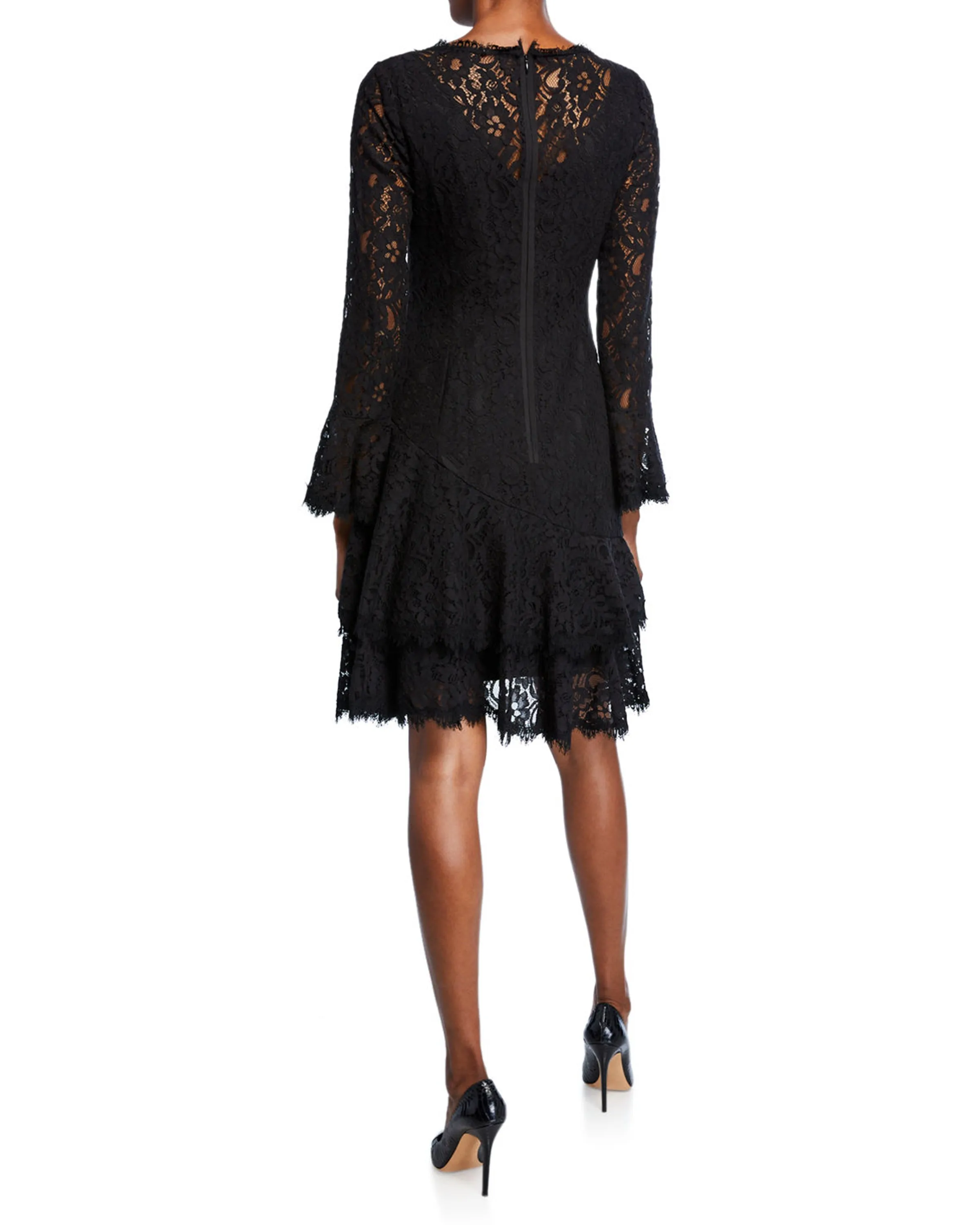 Long-Sleeve Double Ruffle Lace Dress in Black