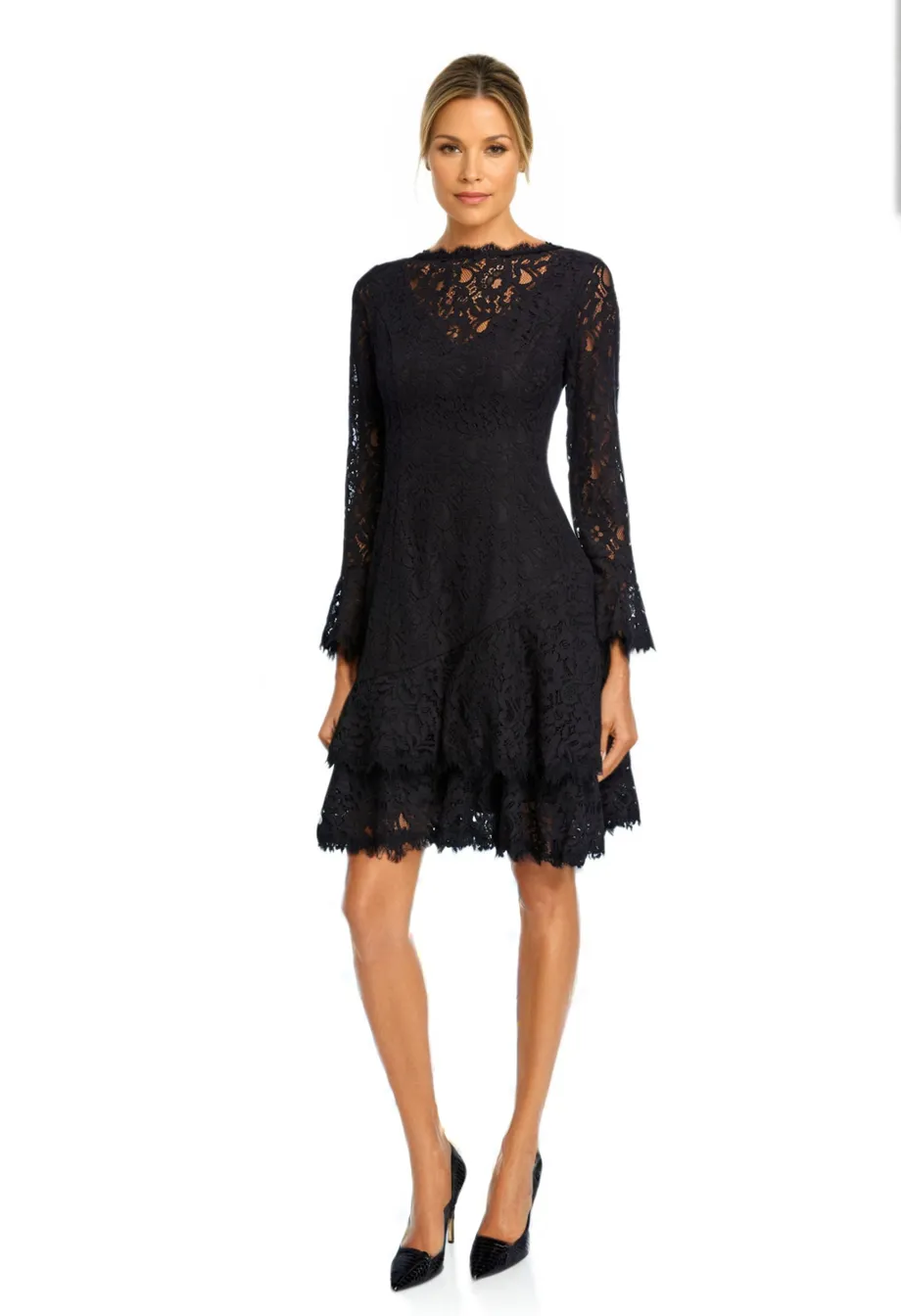 Long-Sleeve Double Ruffle Lace Dress in Black