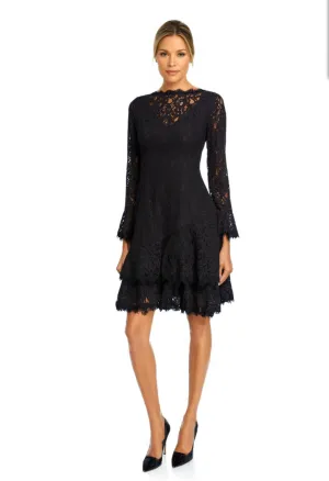Long-Sleeve Double Ruffle Lace Dress in Black