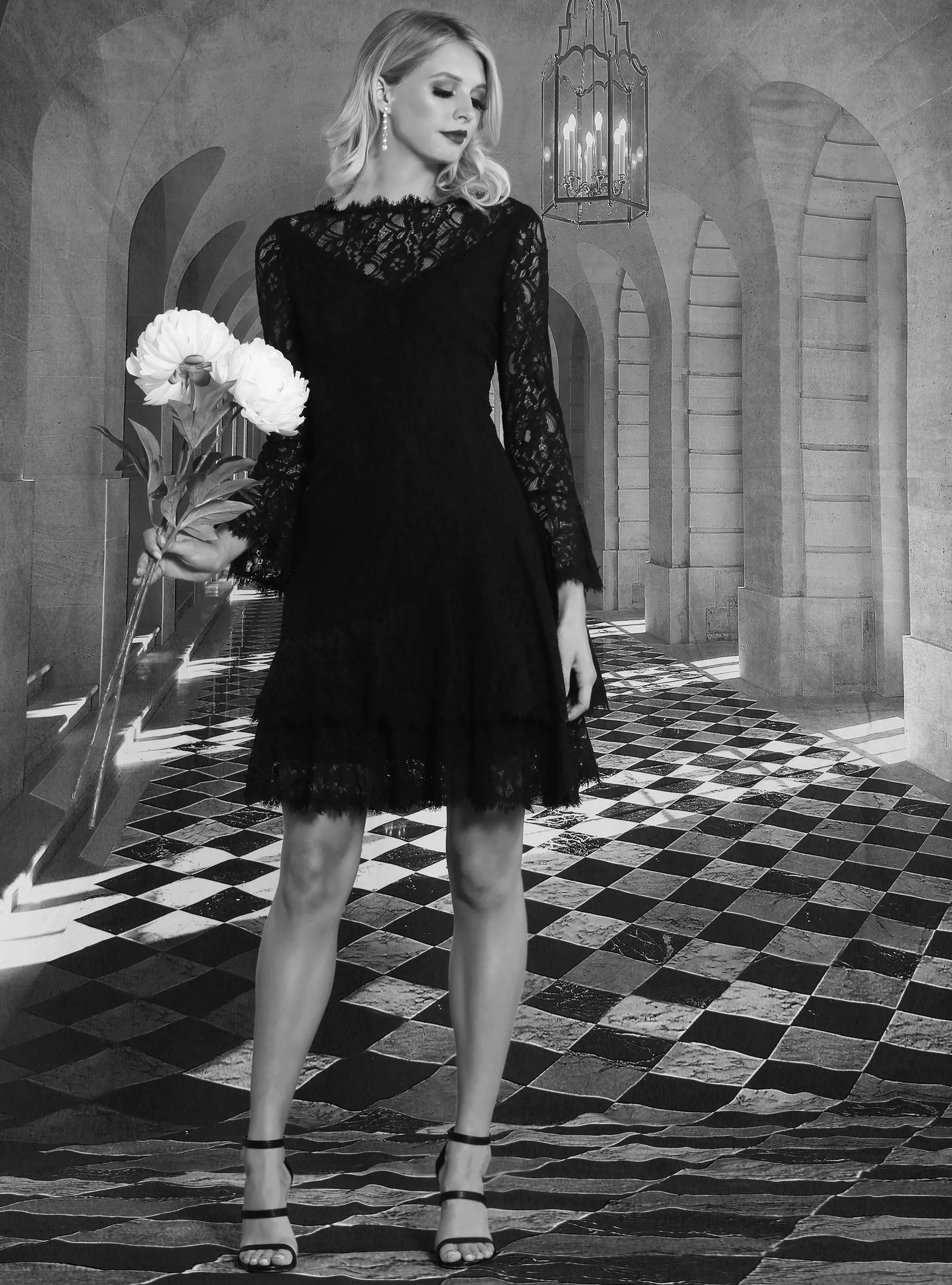 Long-Sleeve Double Ruffle Lace Dress in Black