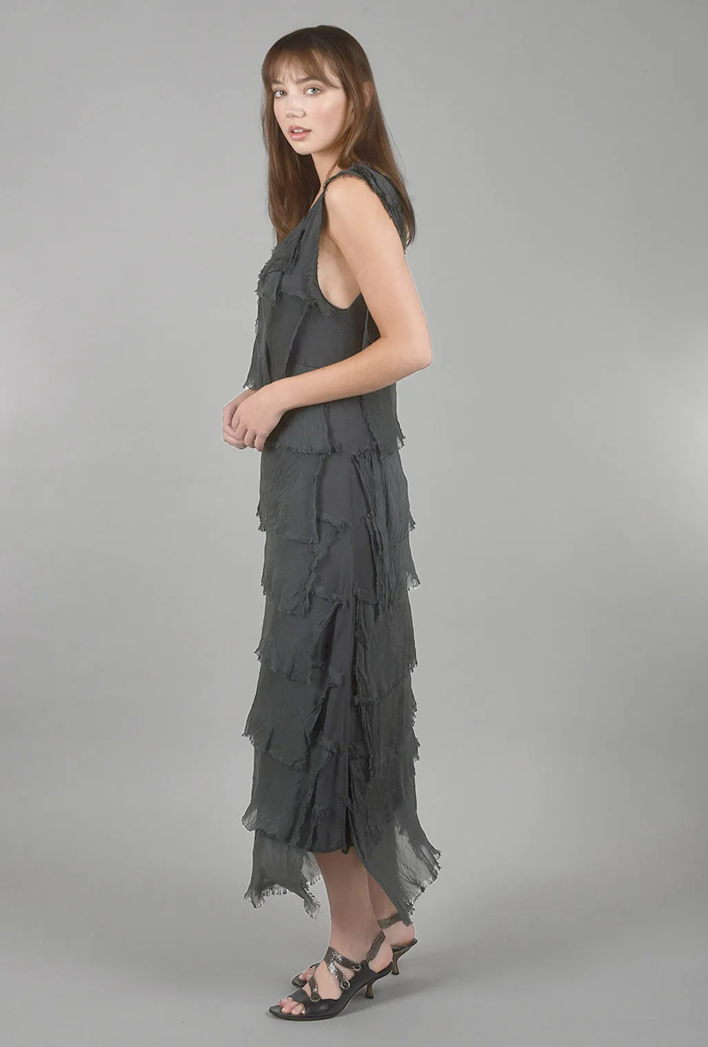 Long Tattered-Tiers Dress, Charcoal