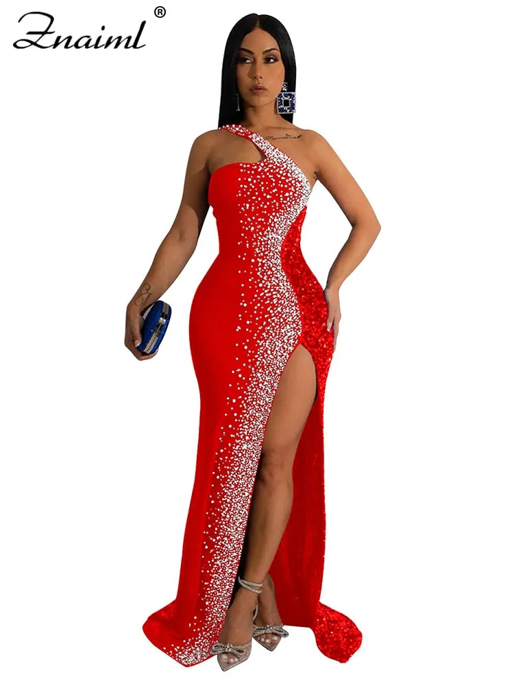 Luxury Evening Party Long Dress Sparkly Crystals Sequin Mermaid Maxi Dresses with Split