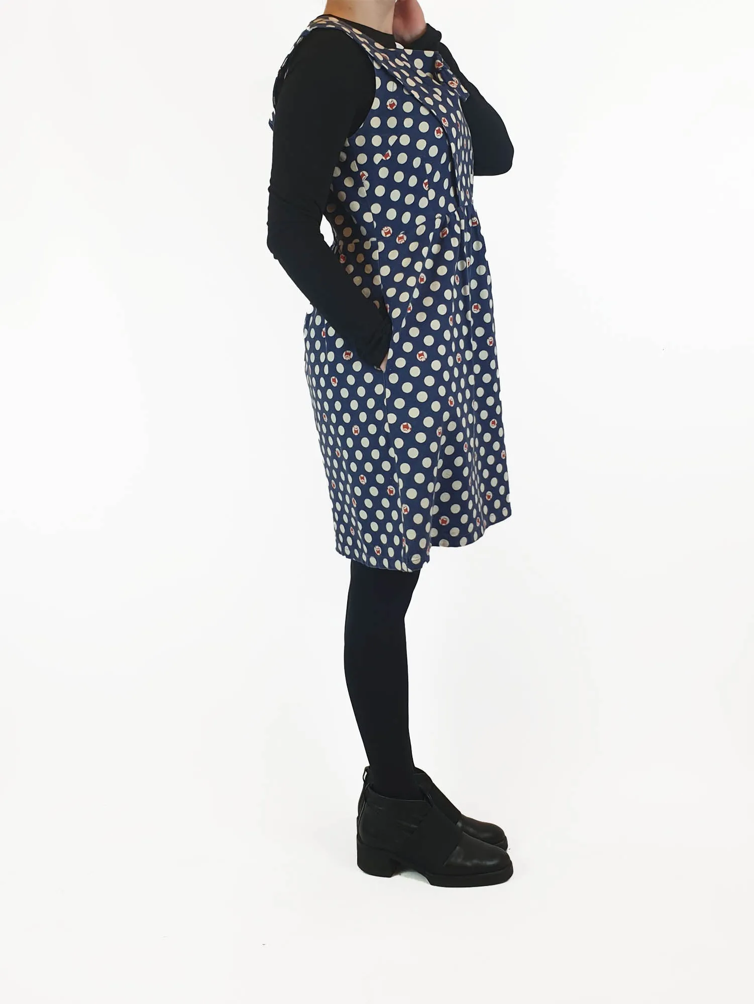 Made590 sleeveless blue and white polka dot dress with dog faces size M (best fits 10)