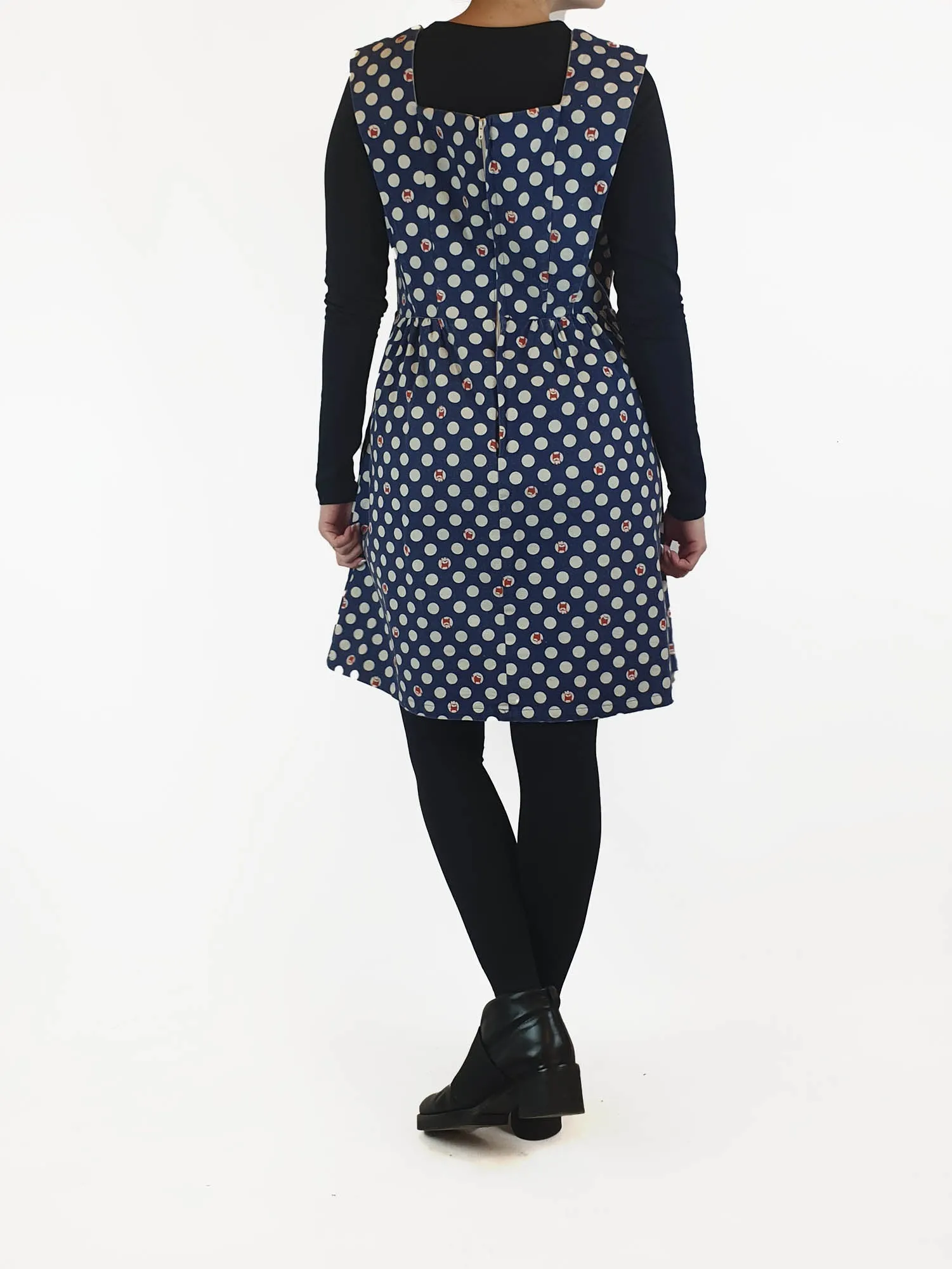 Made590 sleeveless blue and white polka dot dress with dog faces size M (best fits 10)