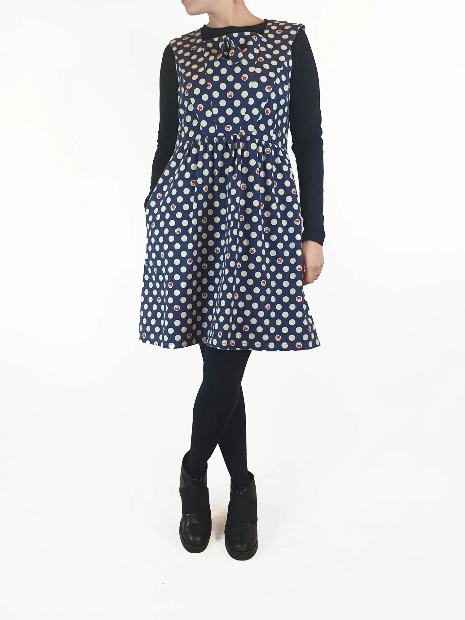Made590 sleeveless blue and white polka dot dress with dog faces size M (best fits 10)