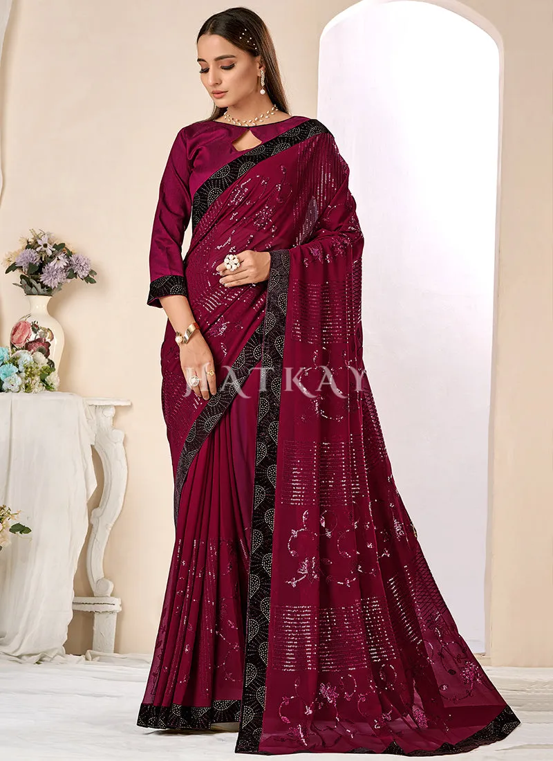 Magenta Sequence Embroidery Georgette Saree