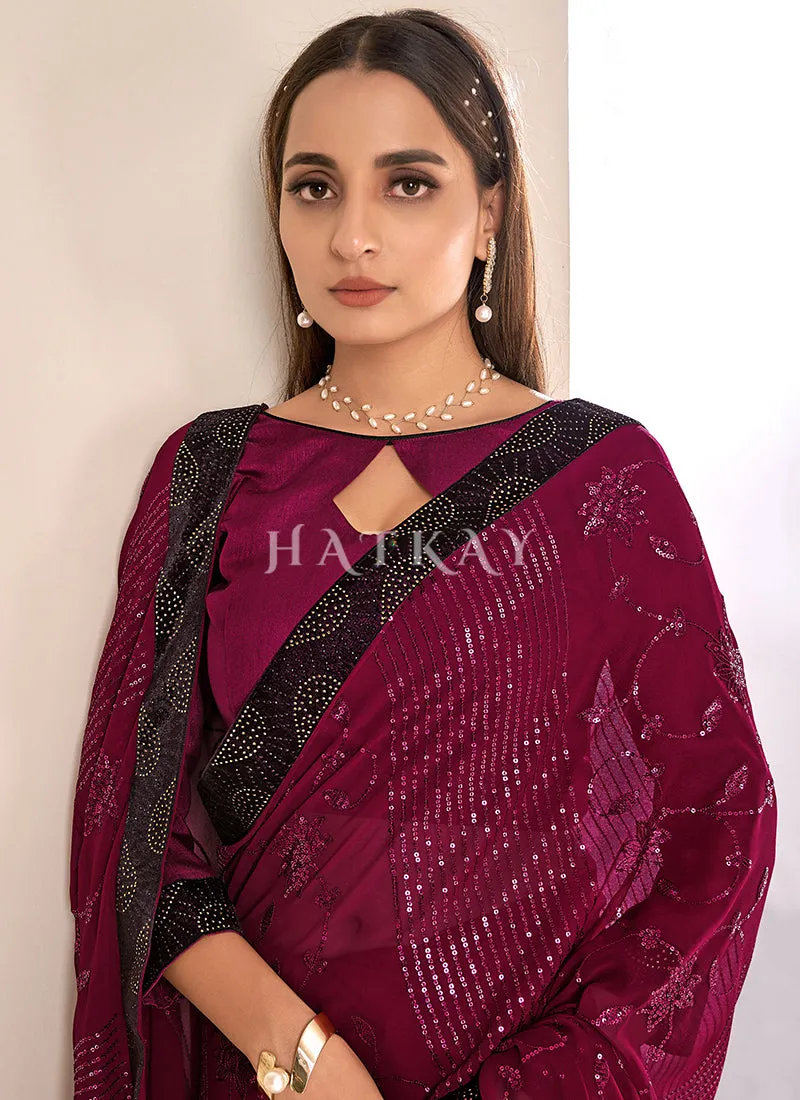Magenta Sequence Embroidery Georgette Saree