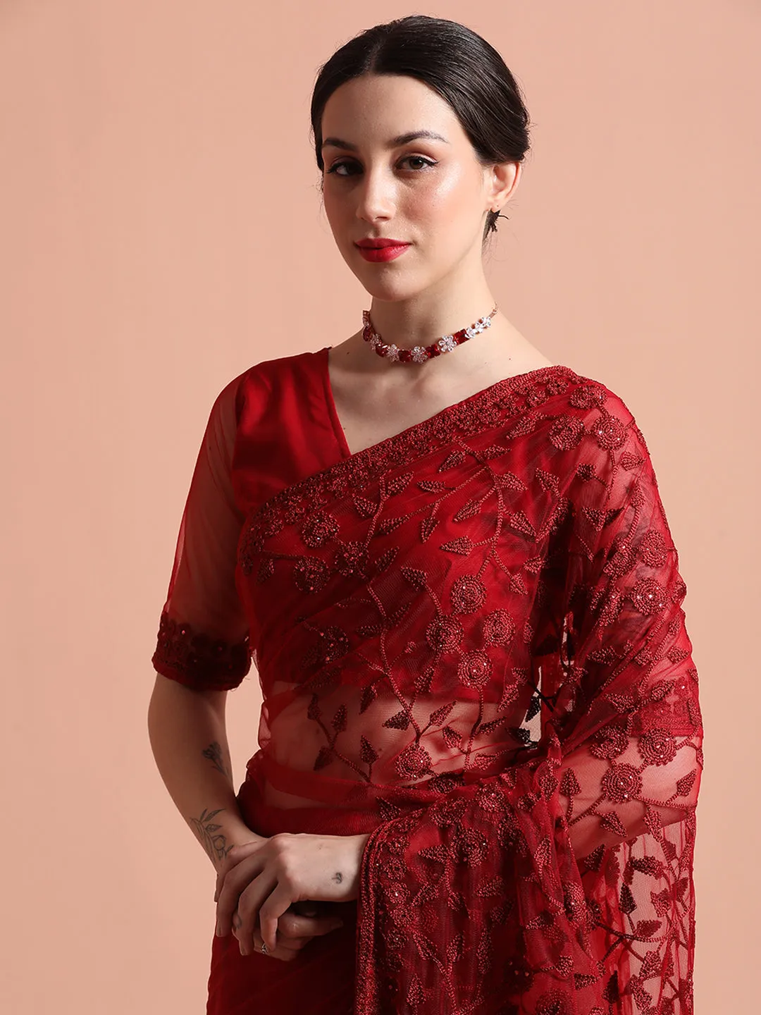 Maroon Party Wear Floral Embroidered Net Saree