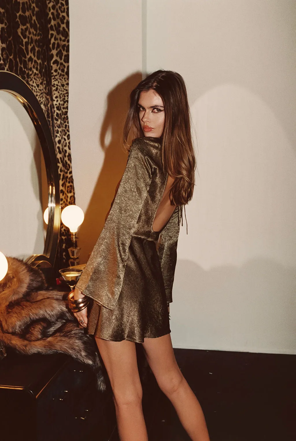 Meadow Dusty Gold Satin Mini Dress