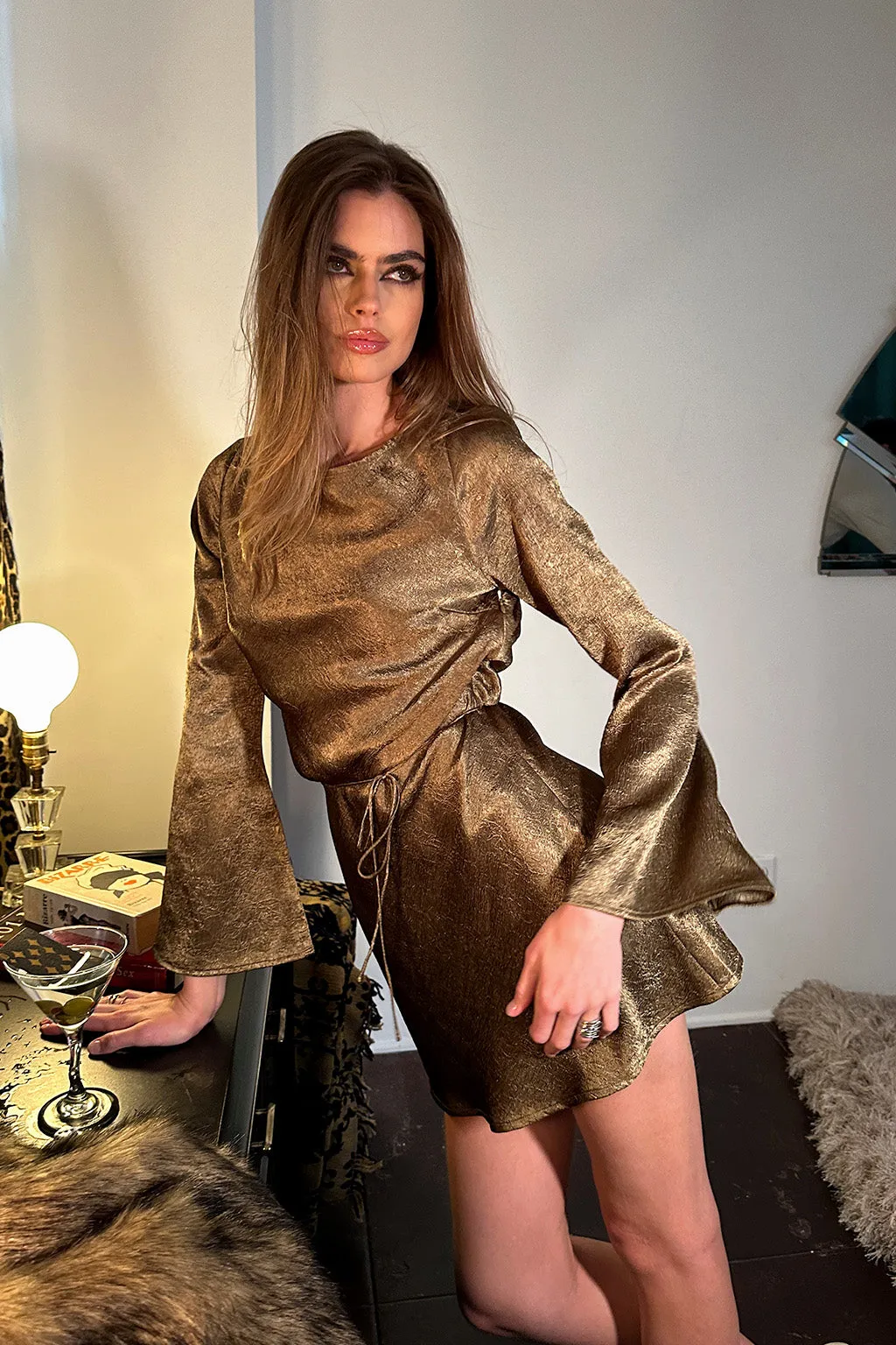 Meadow Dusty Gold Satin Mini Dress