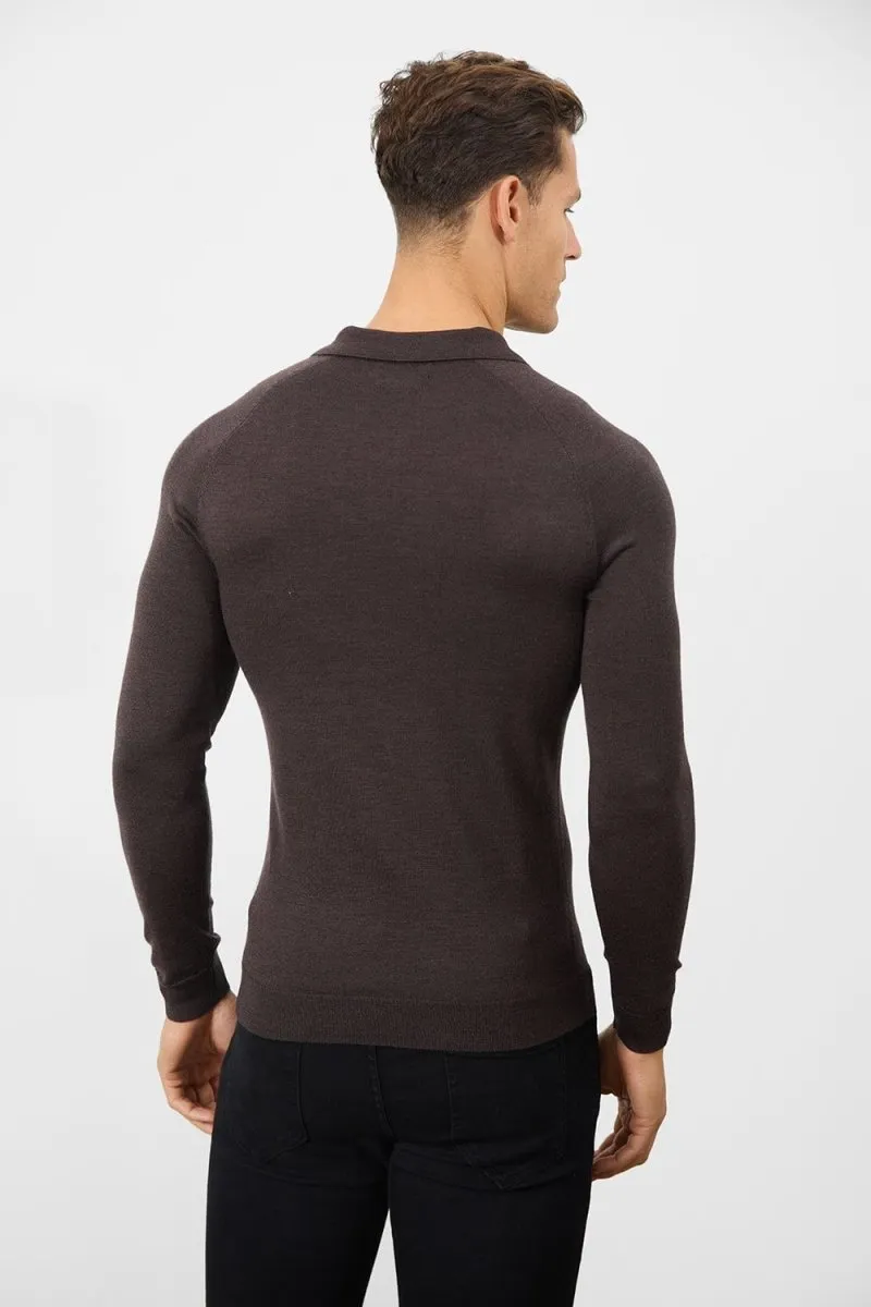 Merino Wool Polo Shirt in Bitter Chocolate