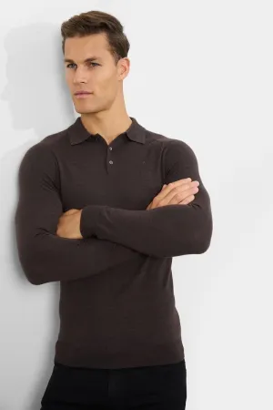 Merino Wool Polo Shirt in Bitter Chocolate