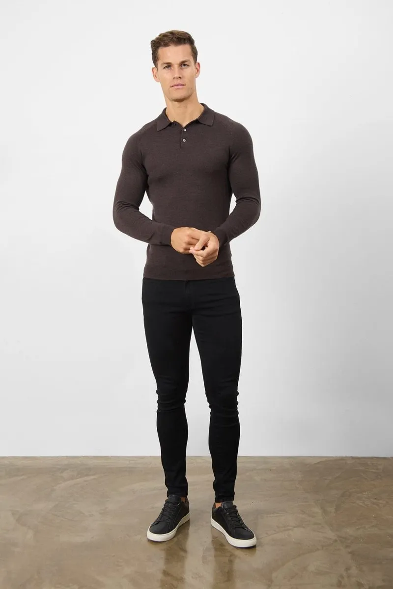 Merino Wool Polo Shirt in Bitter Chocolate