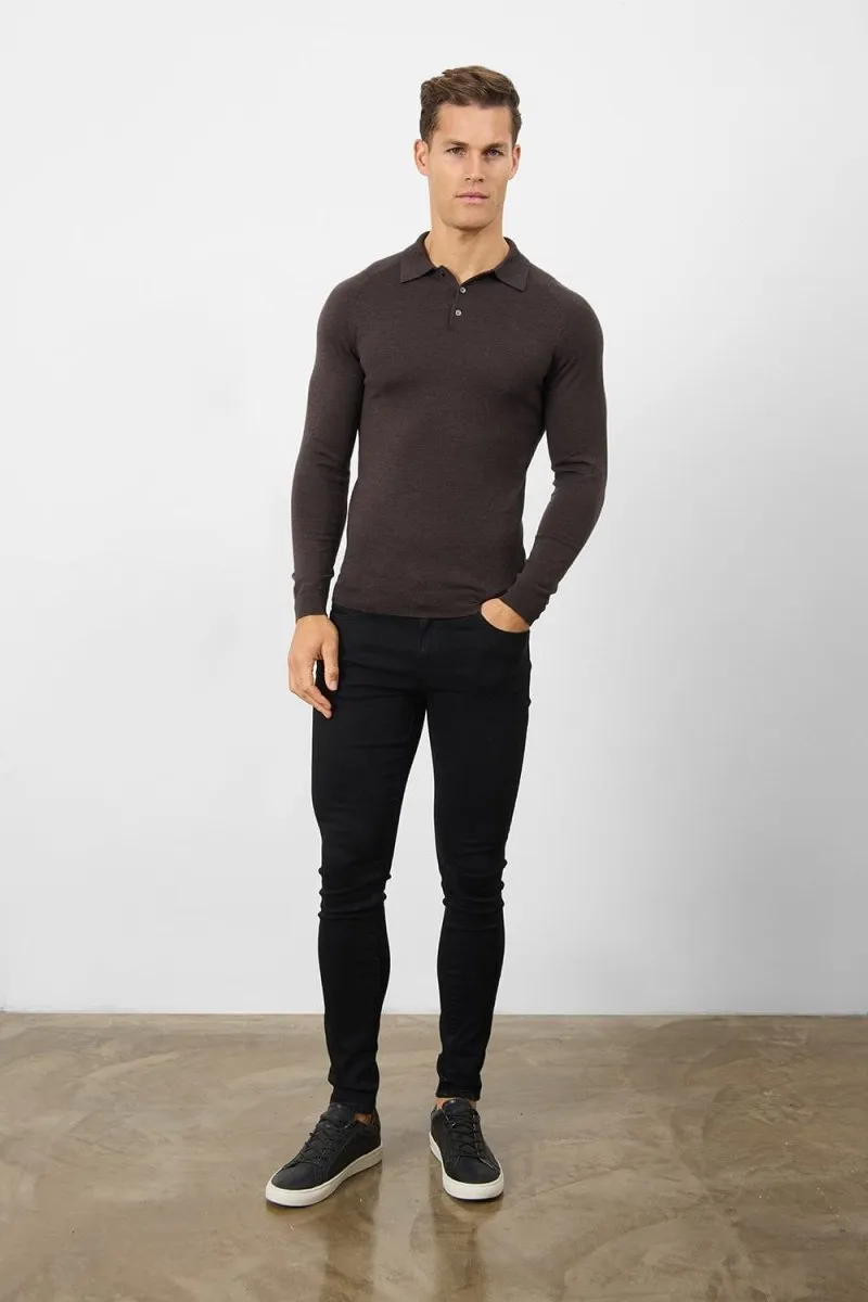 Merino Wool Polo Shirt in Bitter Chocolate