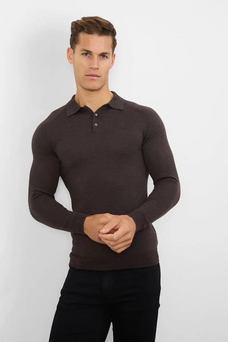 Merino Wool Polo Shirt in Bitter Chocolate