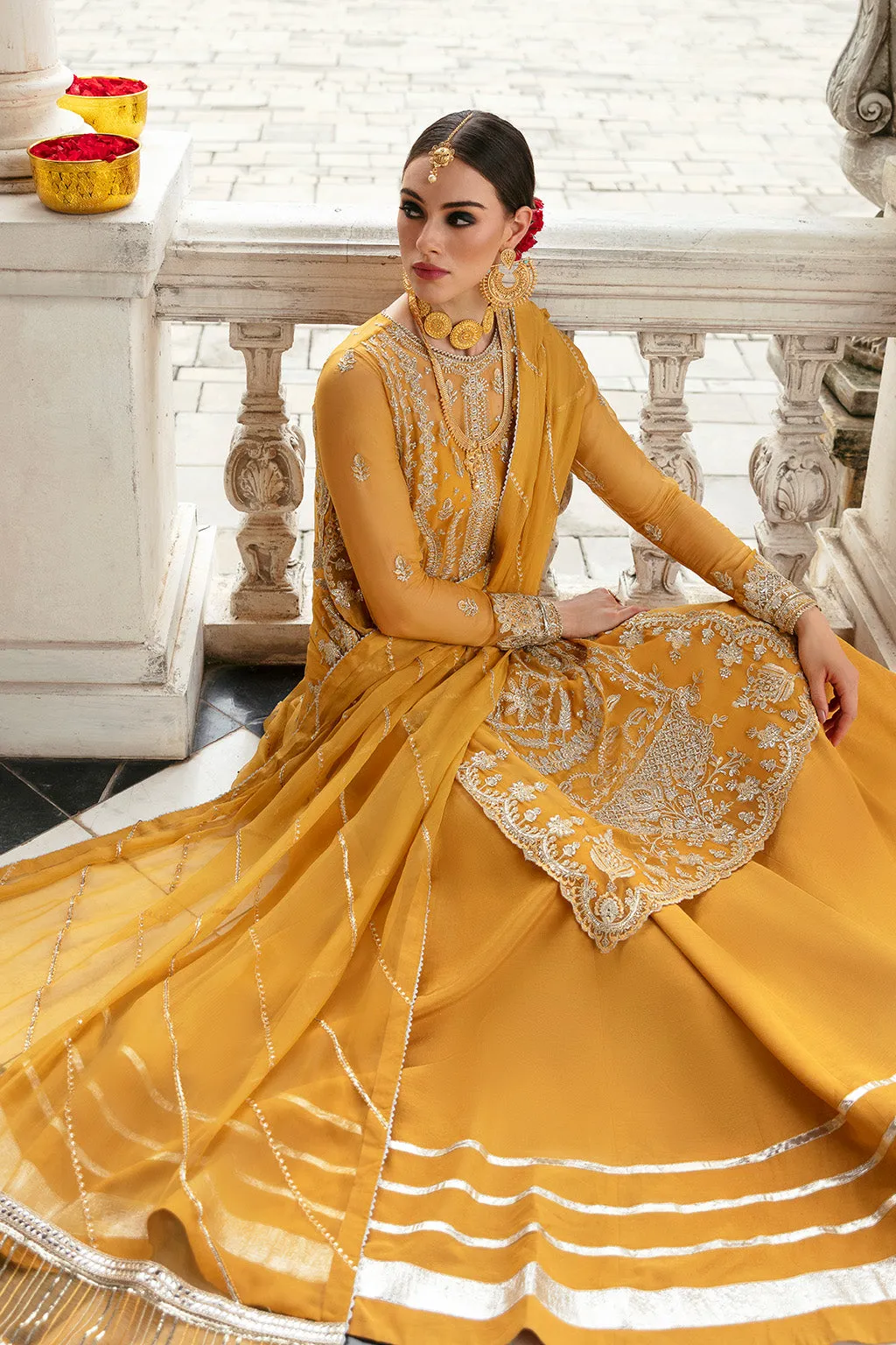 Mustard Heavily Embellished Pakistani Wedding Dress Kameez Sharara