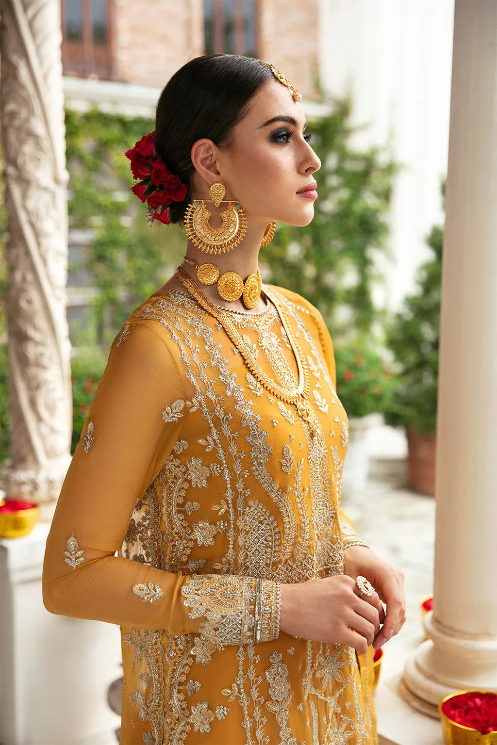 Mustard Heavily Embellished Pakistani Wedding Dress Kameez Sharara