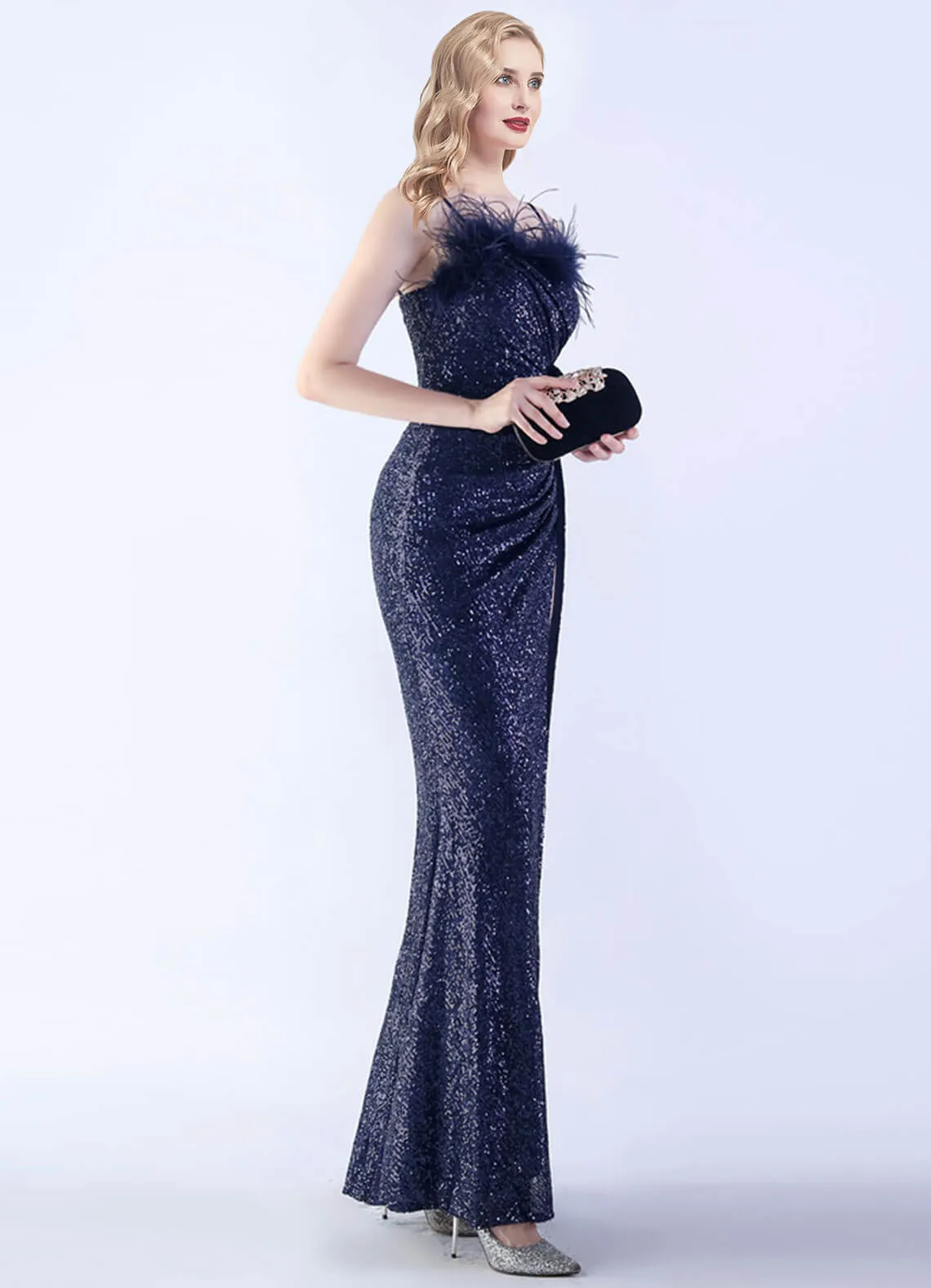 Navy Blue Luxury Feather Spaghetti Straps Sequin Maxi Formal Gown