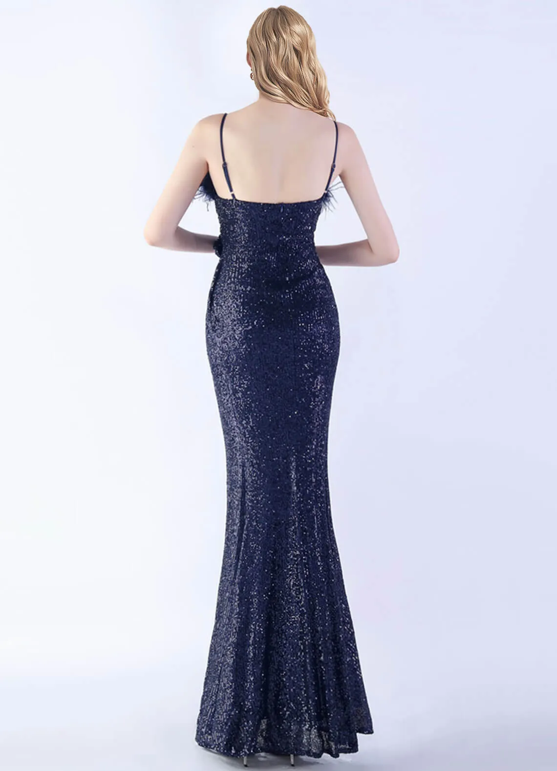 Navy Blue Luxury Feather Spaghetti Straps Sequin Maxi Formal Gown