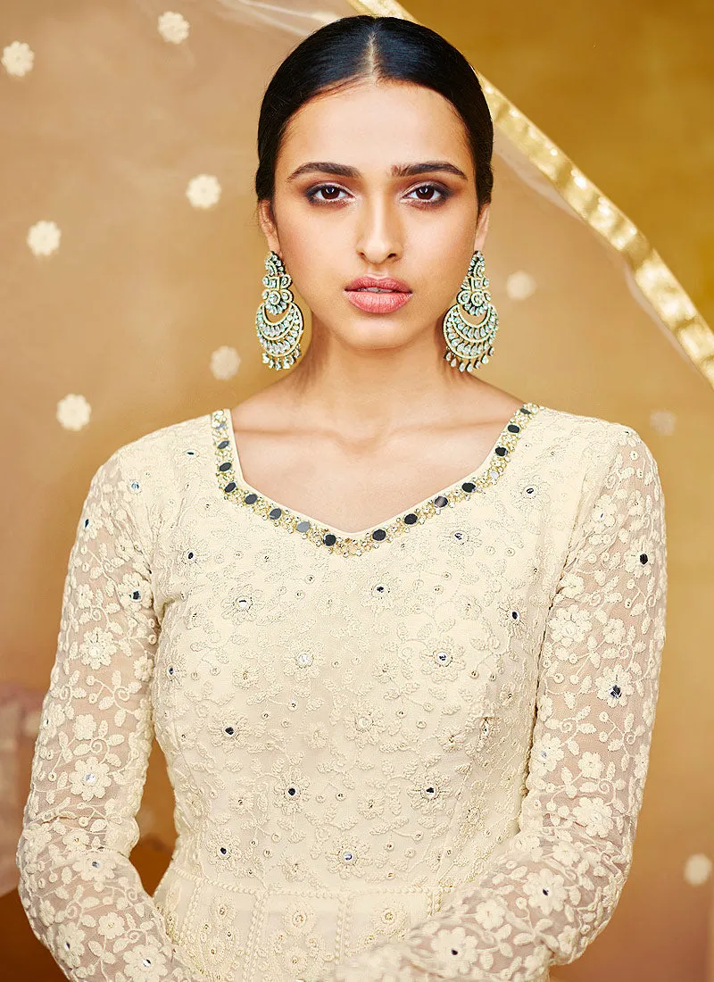 Off White Floral Embroidered Party Wear Anarkali Suit
