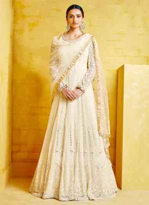 Off White Floral Embroidered Party Wear Anarkali Suit