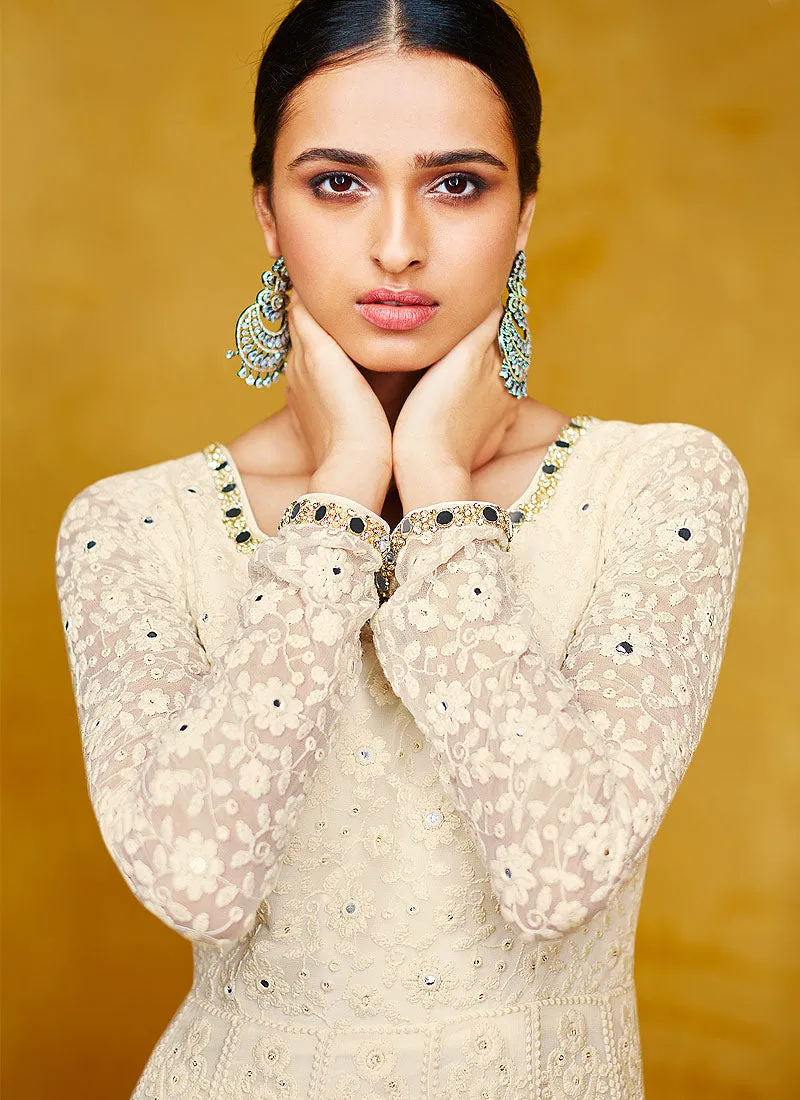 Off White Floral Embroidered Party Wear Anarkali Suit