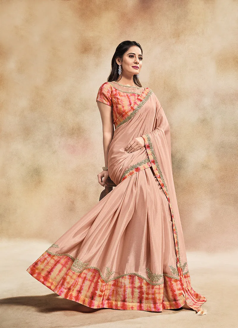 Orangish Peach Sequence Embroidered Party Wear Saree