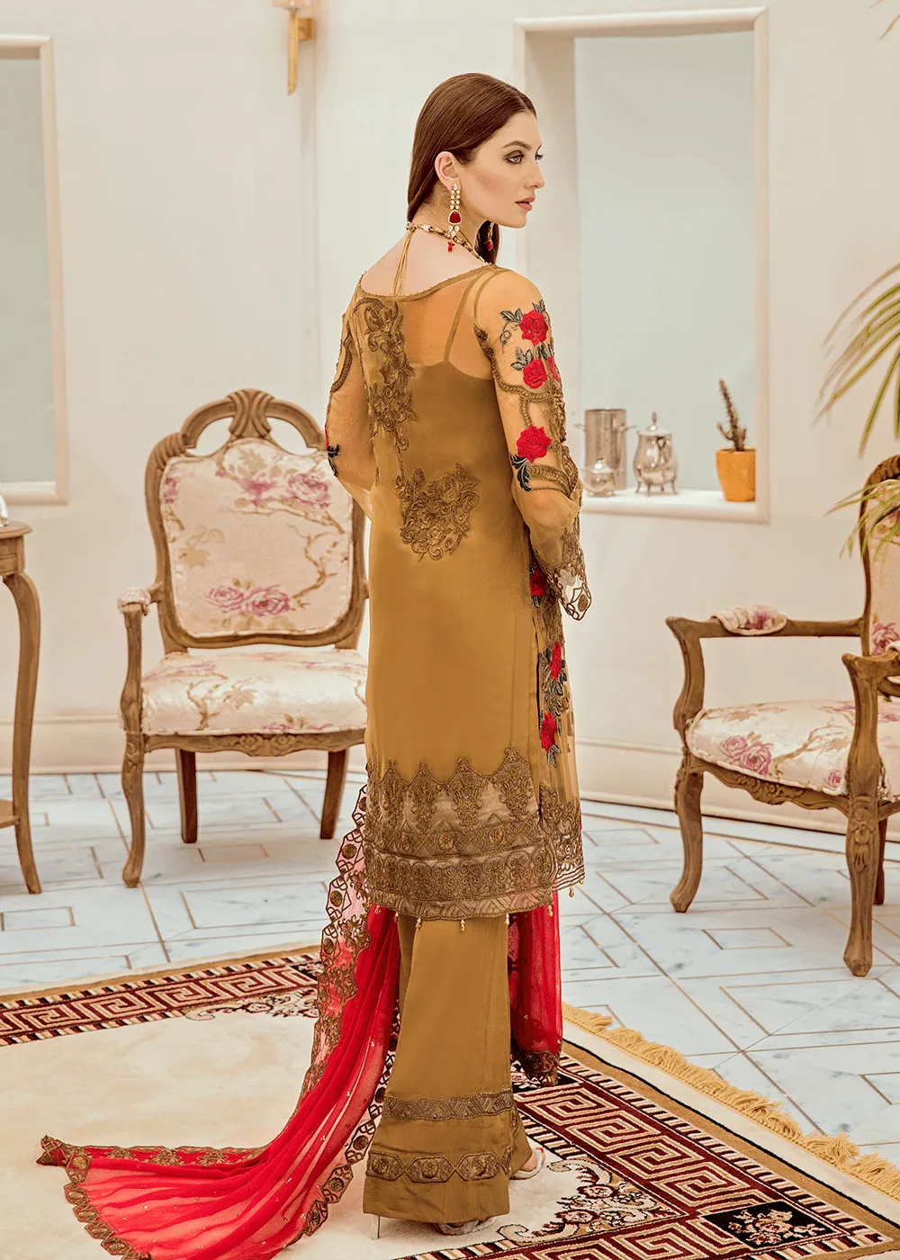 Pakistani chiffon fancy outfit in elegant brown color # P2286
