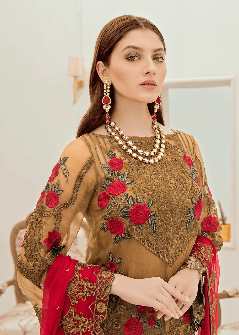 Pakistani chiffon fancy outfit in elegant brown color # P2286