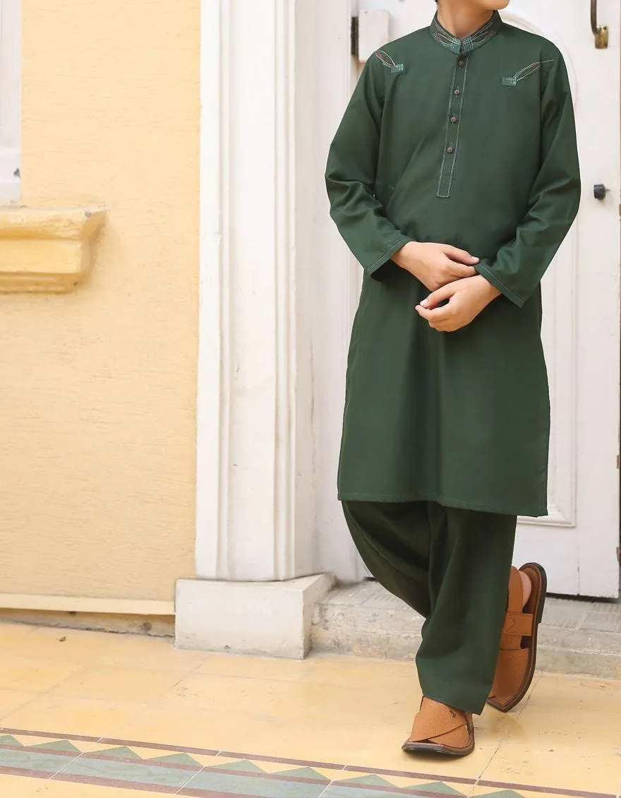 Pakistani designer boy dress in flag green color # K2314