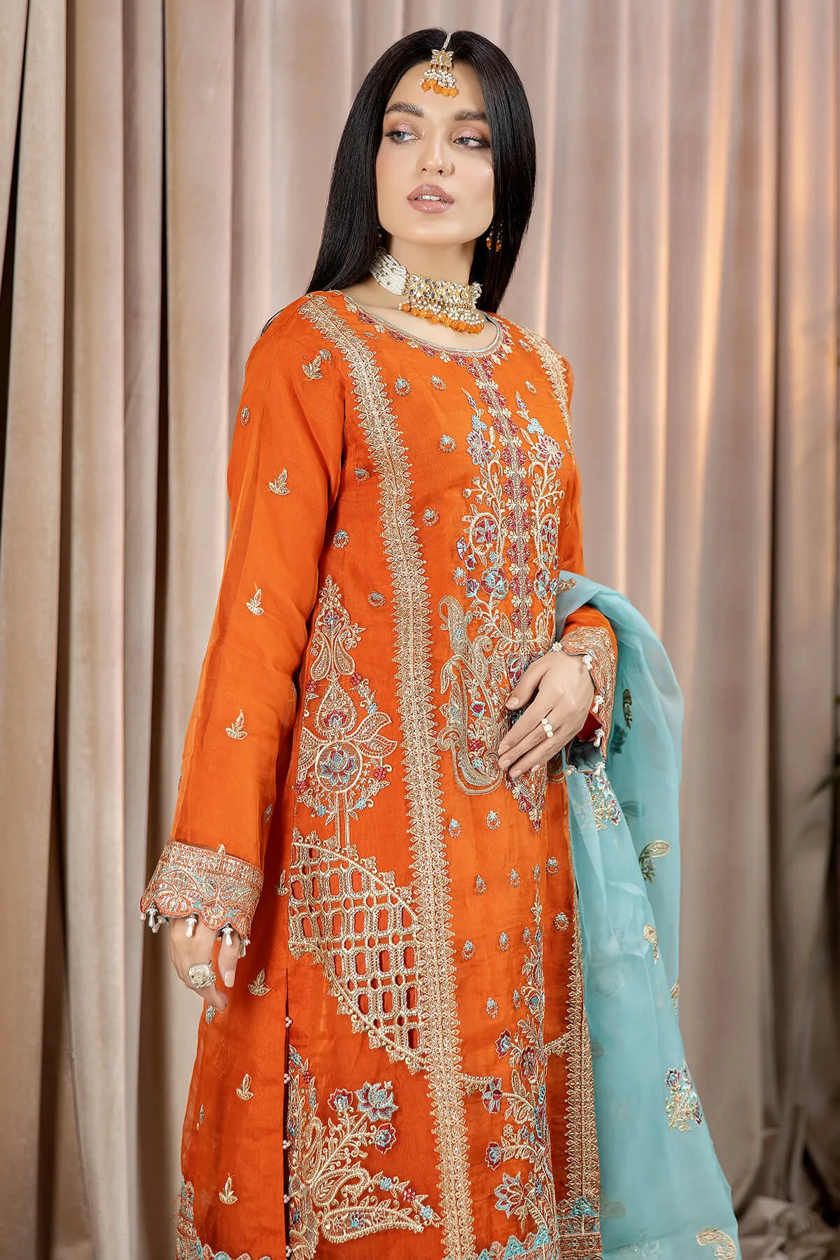 Pakistani Embellished Orange Long Kameez Trousers Party Dress