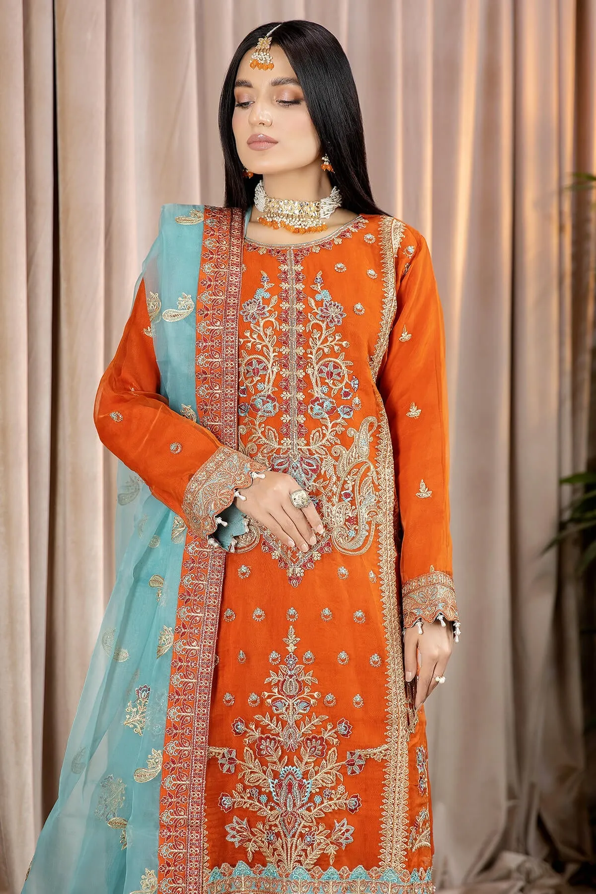 Pakistani Embellished Orange Long Kameez Trousers Party Dress