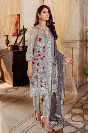 Pakistani fully embellished chiffon dress in elegant grey color # P2449