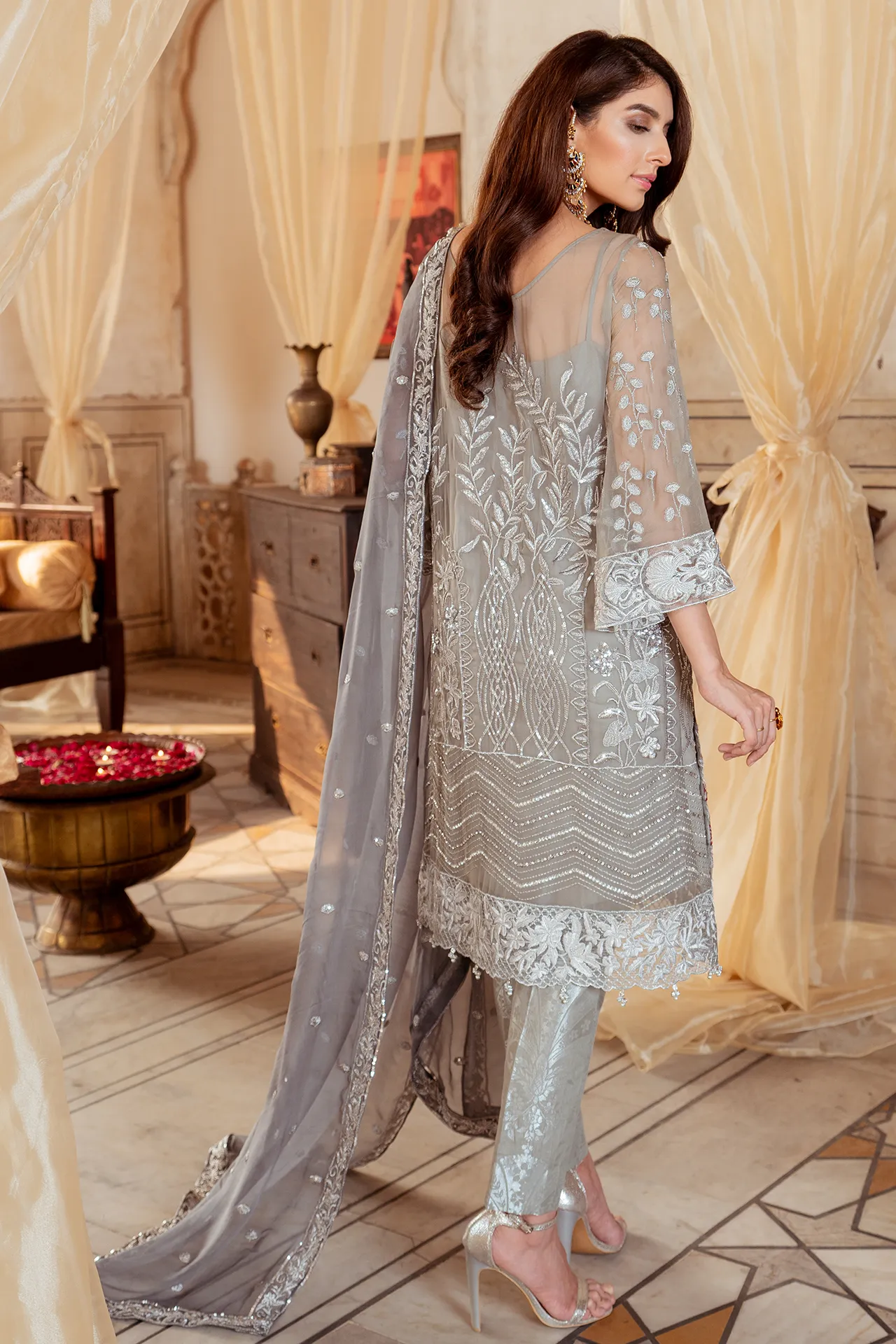 Pakistani fully embellished chiffon dress in elegant grey color # P2449