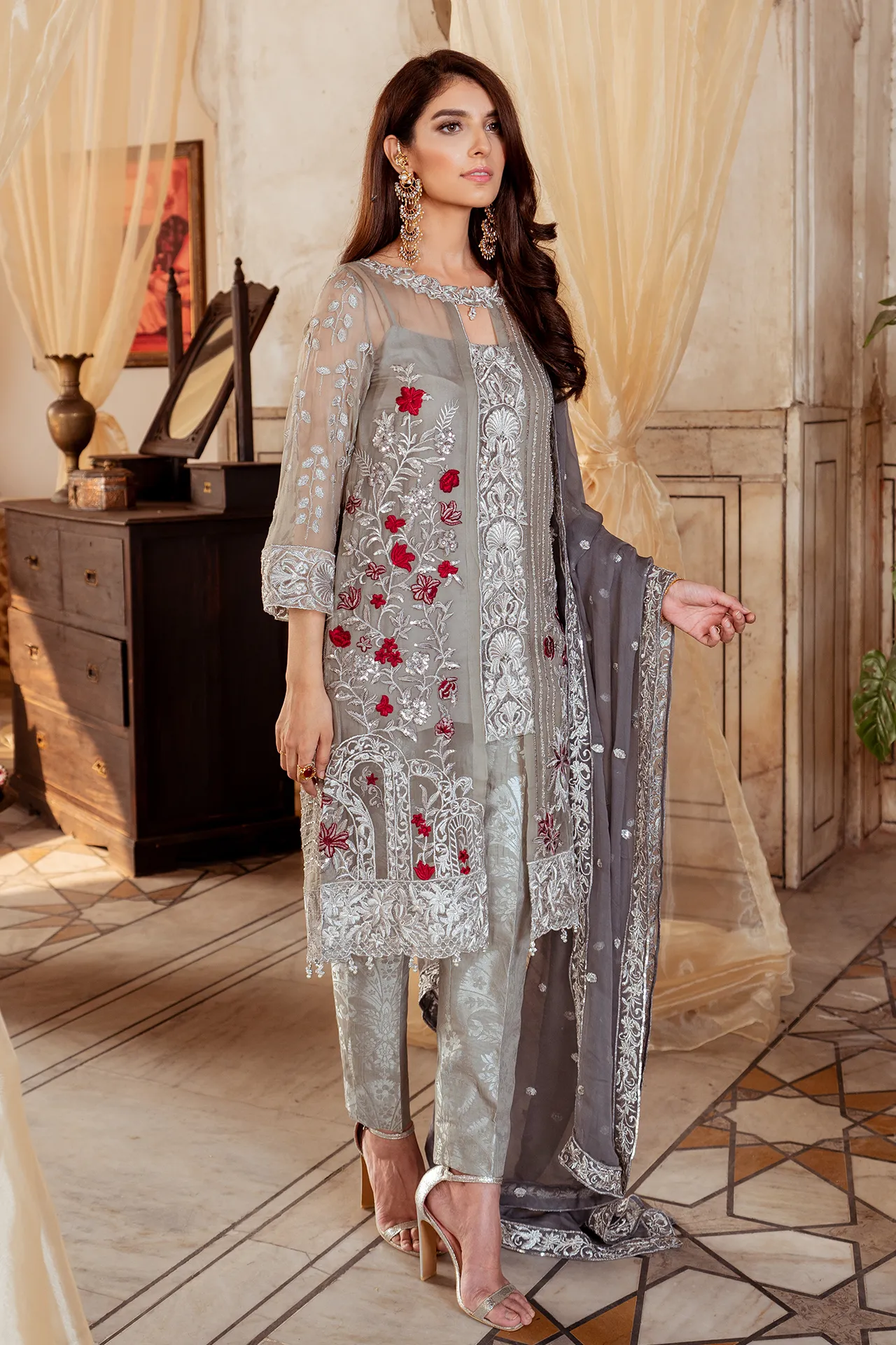 Pakistani fully embellished chiffon dress in elegant grey color # P2449