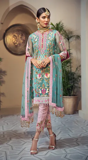 Pakistani organza embroidered outfit in blue and pink color # P2347