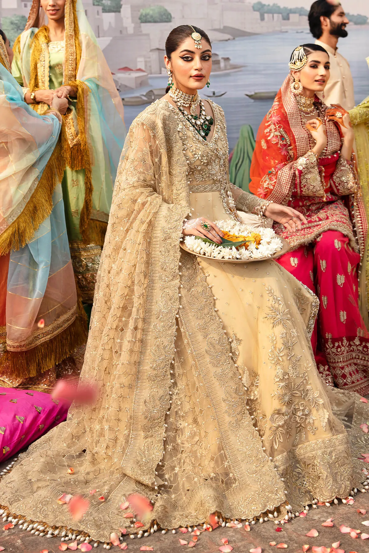Pakistani Party Dress Heavily Embellished Golden Angrakha Pishwas
