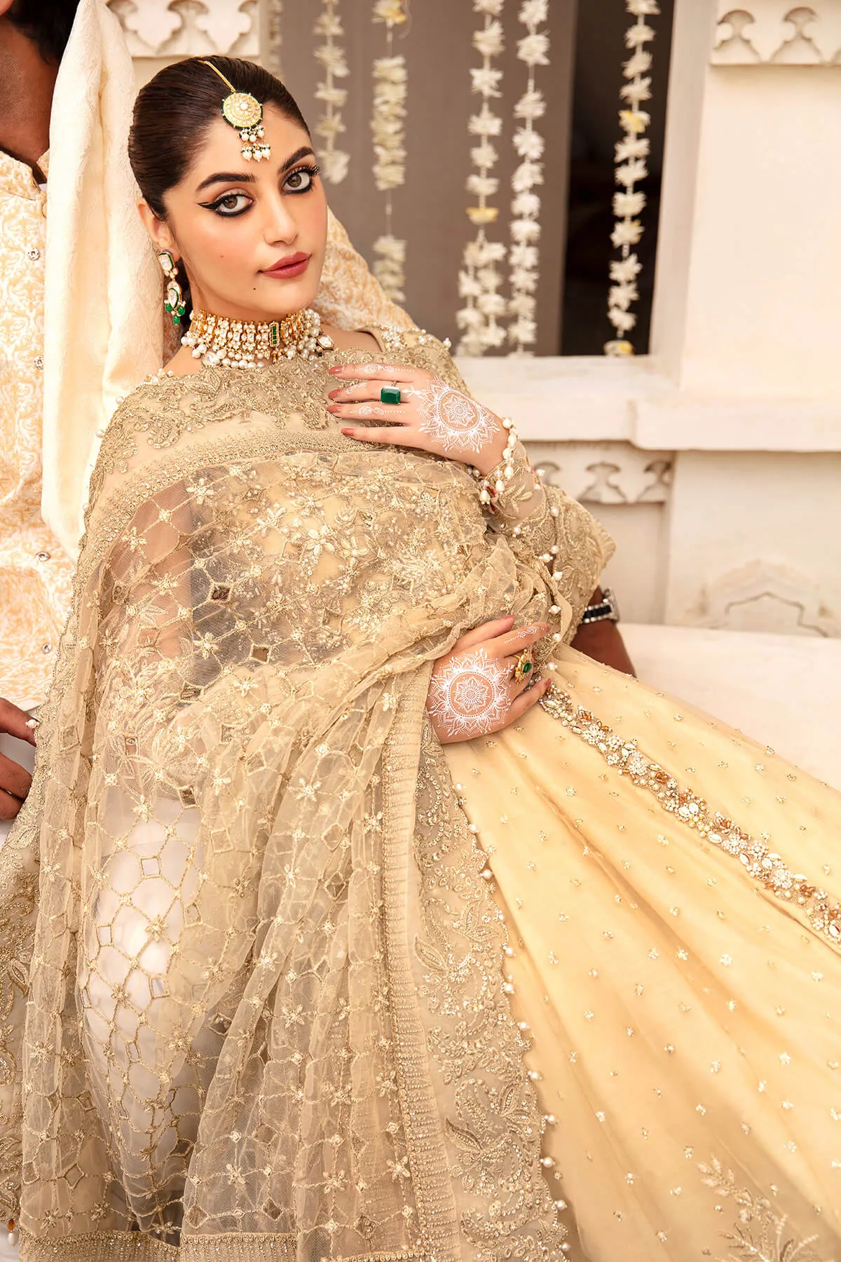 Pakistani Party Dress Heavily Embellished Golden Angrakha Pishwas