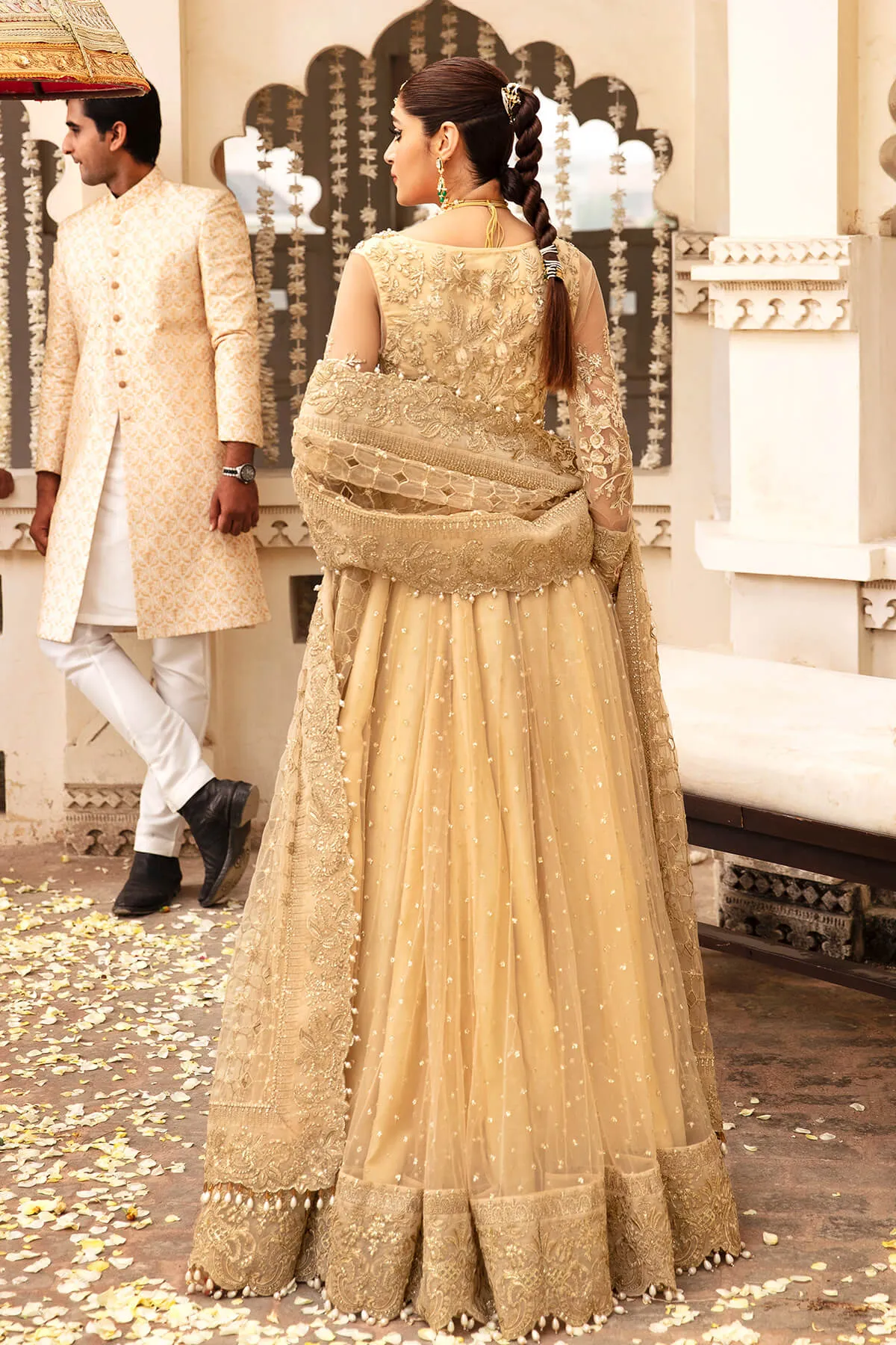 Pakistani Party Dress Heavily Embellished Golden Angrakha Pishwas